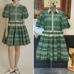 Aureum Fagan Mini Shirt Dress Green Cottage Core Puff Sleeve - Sz M 🧡🎀